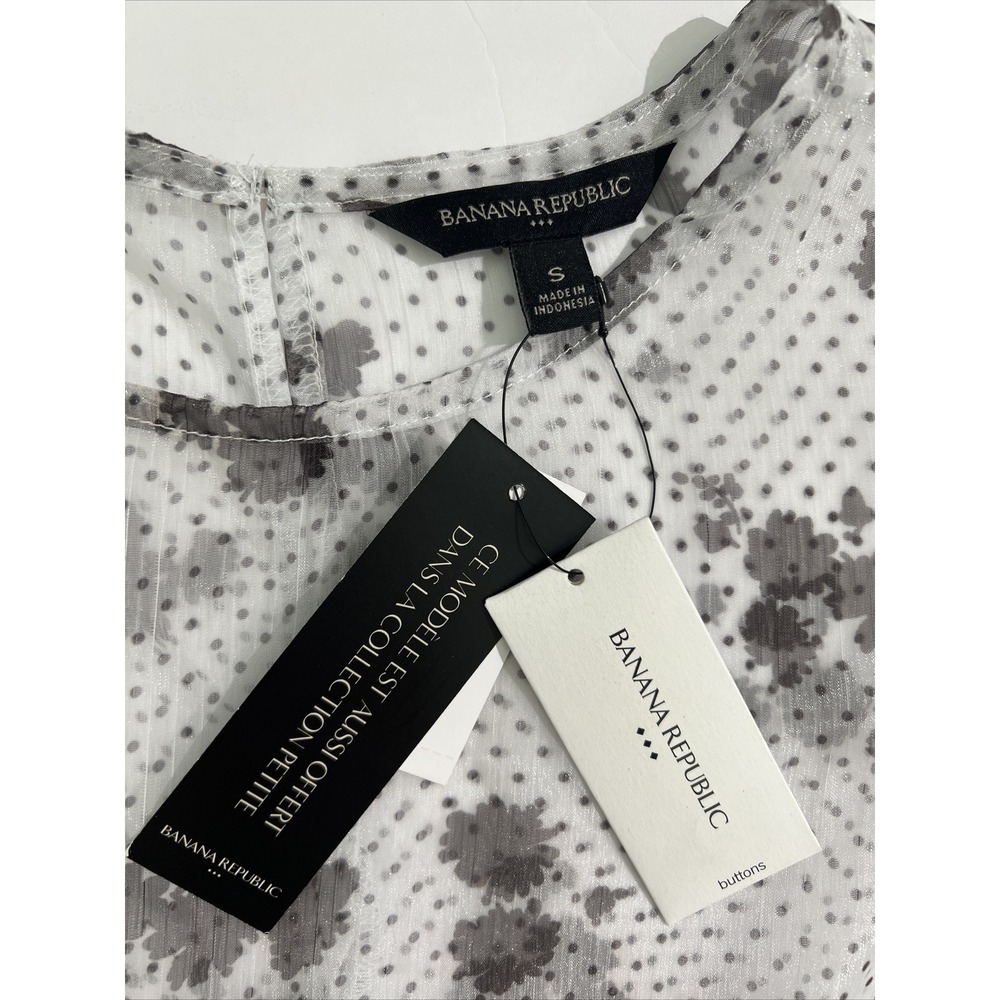 Banana Republic Blouse Size S Long Ruched Sleeve See Thur Black White Floral - Picture 7 of 10